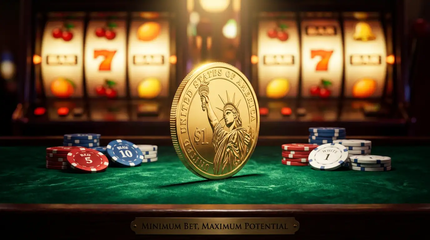 Casino chips stacked next to a single dollar coin on a gaming table with slot reels glowing in the background