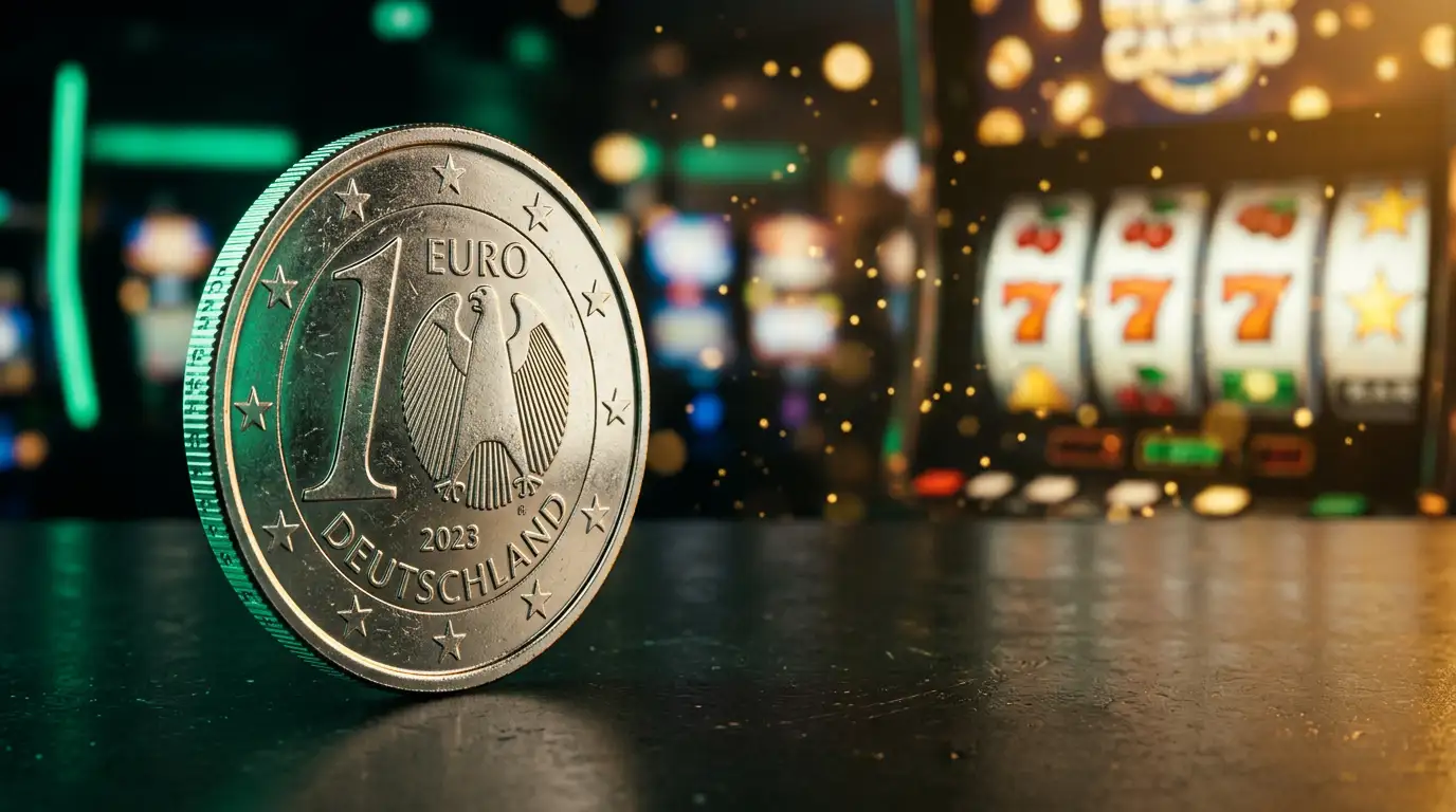 Nahaufnahme einer Ein-Euro-Muenze vor einem unscharfen Hintergrund mit digitalen Casino-Elementen in gruener und goldener Beleuchtung