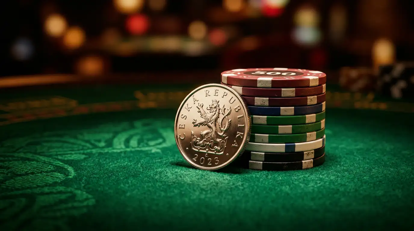 Herni zeton na pokerove desce s kartami a korunovou minci symbolizujici minimalni vklad do online kasina