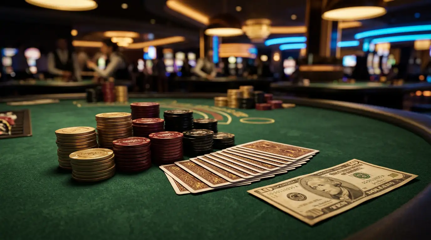 Casino chips stacked beside playing cards on a dark felt table illuminated by warm ambient lighting