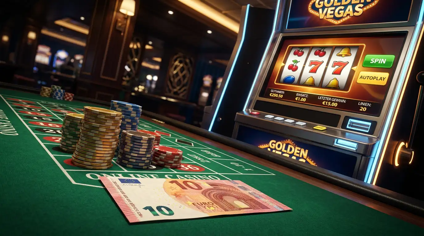 Pokerchips und Spielkarten auf einem Casinotisch mit einem 10-Euro-Schein im Vordergrund