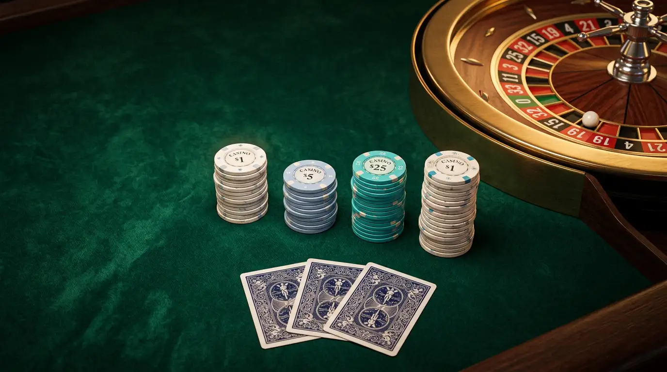 Casino chips and cards arranged on a gaming table under warm ambient lighting representing low-deposit online gambling