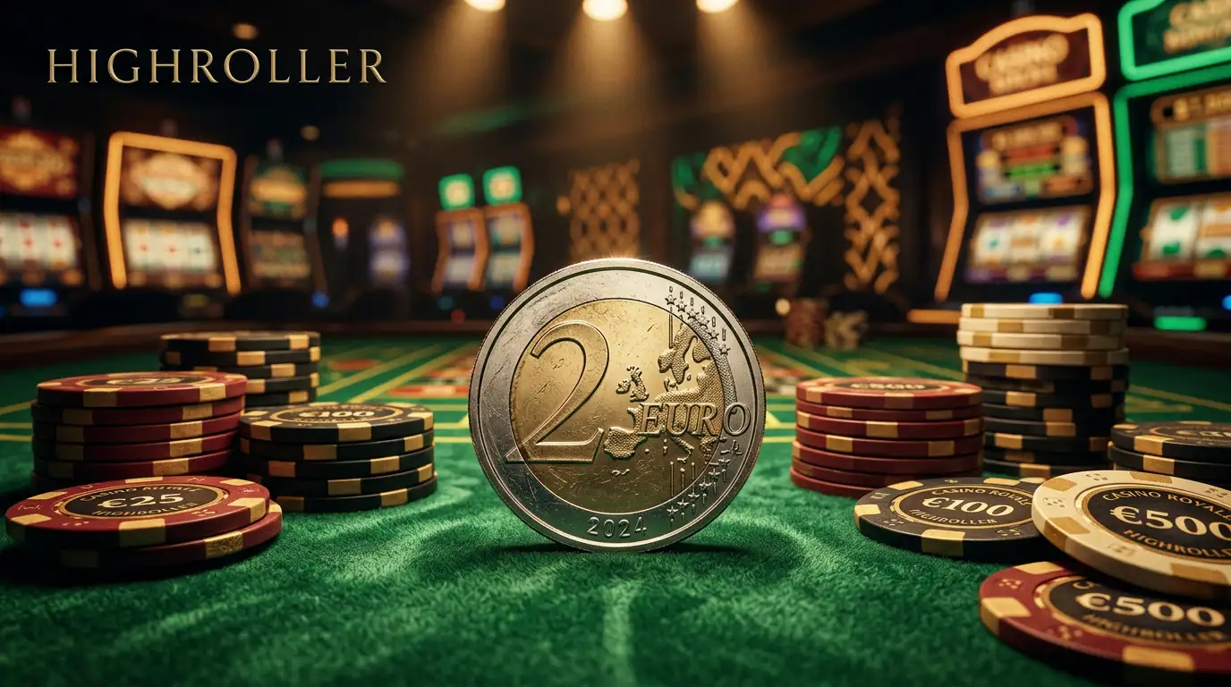 Casino-Chips und Muenzen auf einem gruenen Spieltisch mit einer 2-Euro-Muenze im Vordergrund