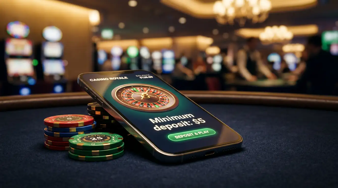 A small stack of casino chips next to a smartphone displaying a casino app on a dark felt surface with soft golden lighting