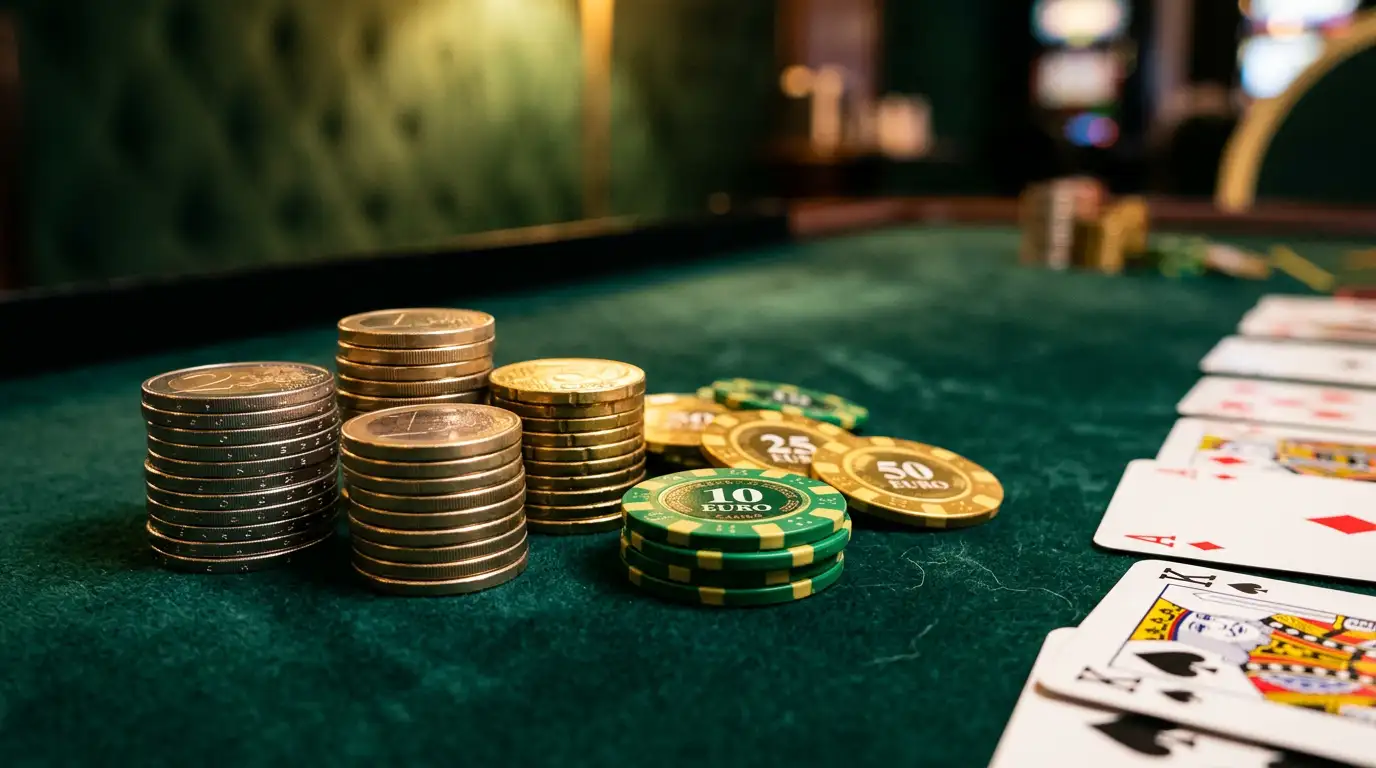 Spieltisch mit gestapelten Euro-Muenzen und Jetons in gedaempftem Casinolicht