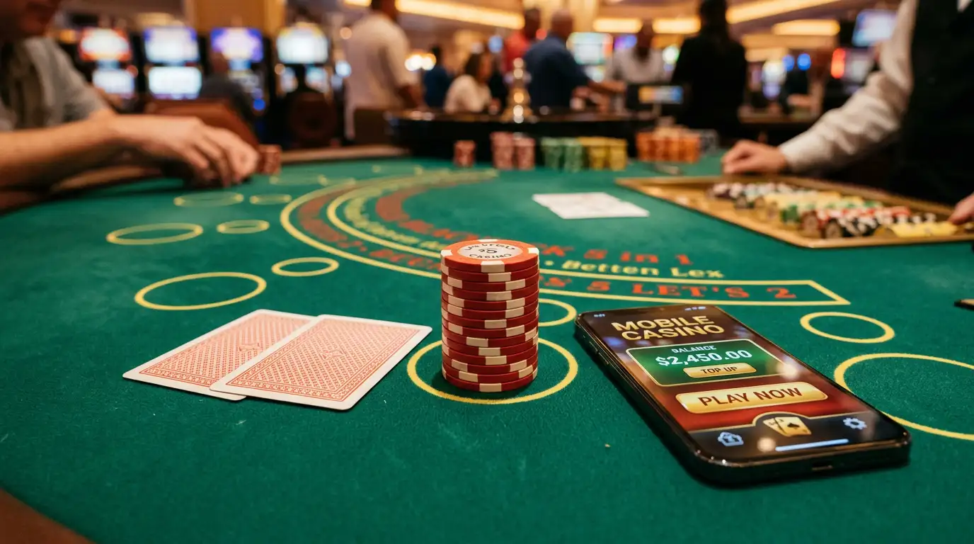Casino chips stacked next to playing cards on a dark felt table with warm lighting, representing low-deposit online gambling