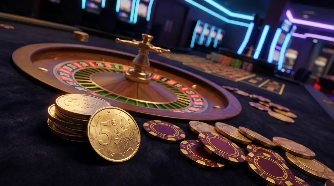 Goldene 5-Euro-Münzen auf einem Casinotisch neben Roulettekessel und Spielchips in warmem Licht