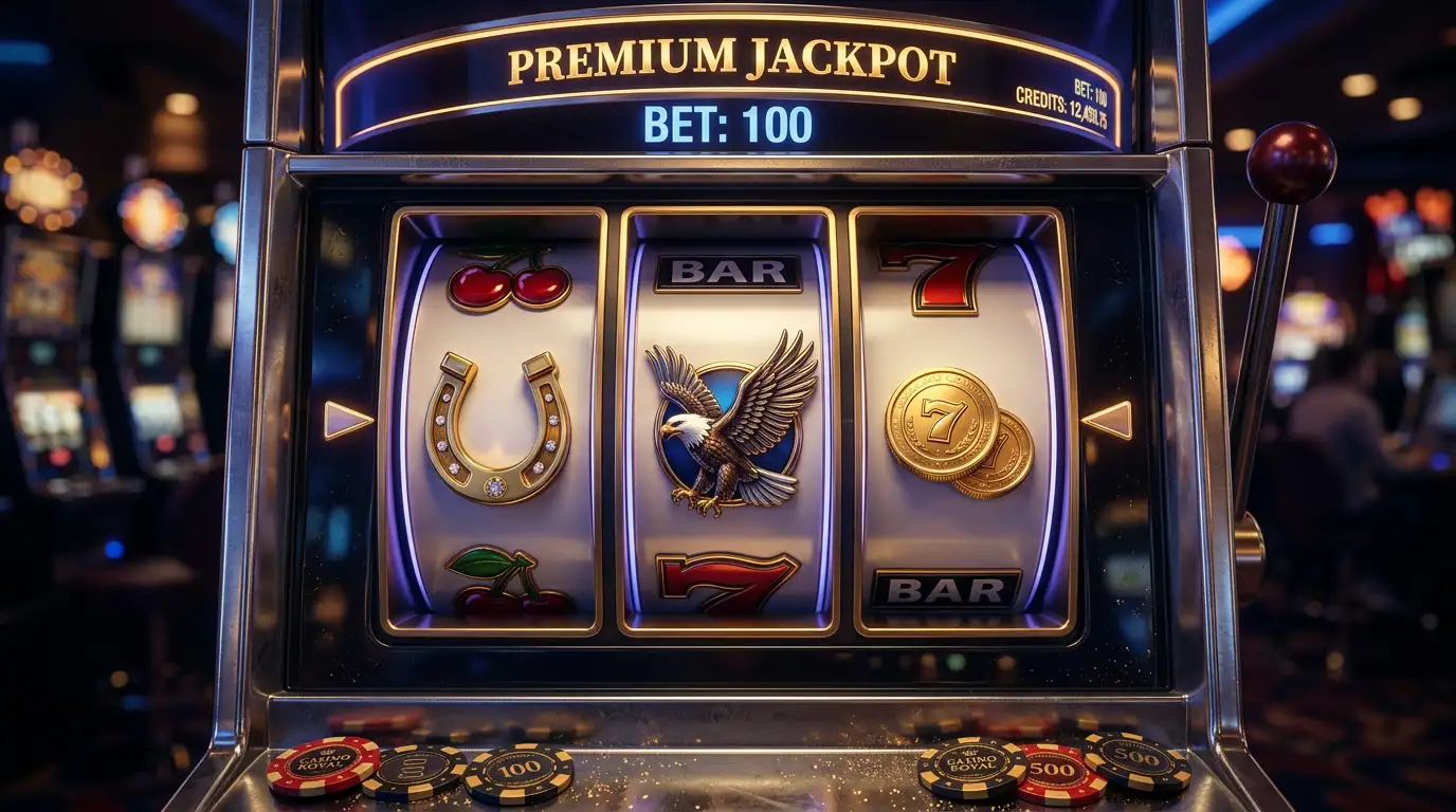 Ainsworth slot machine reels glowing under neon casino lighting with a dark luxurious background