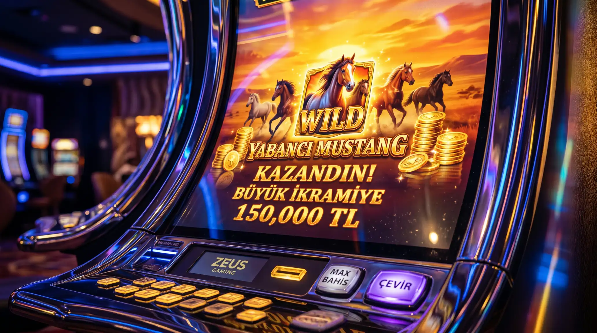 Ainsworth slot makinesi ekraninda renkli semboller ve altin paralar gosteriliyor