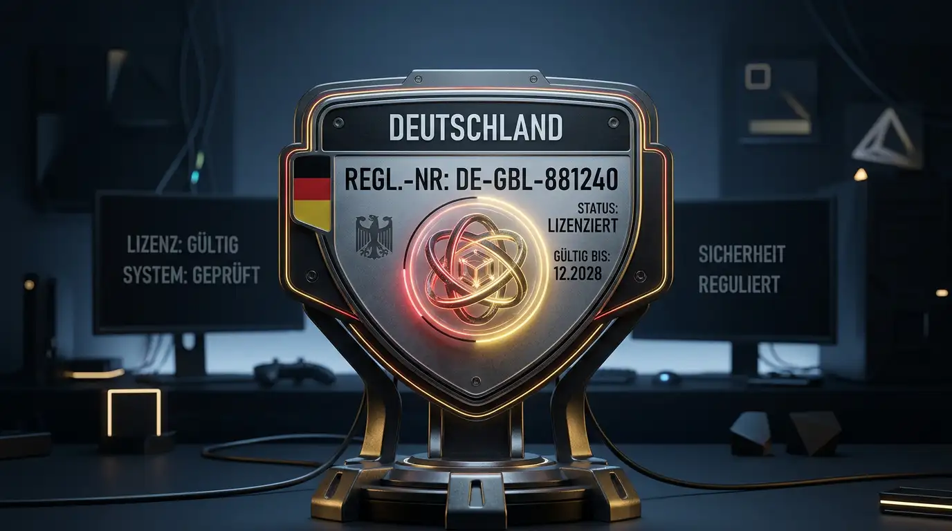 Symbolische Darstellung der regulierten Gluecksspielbranche in Deutschland mit digitalen Lizenzsymbolen und Sicherheitselementen