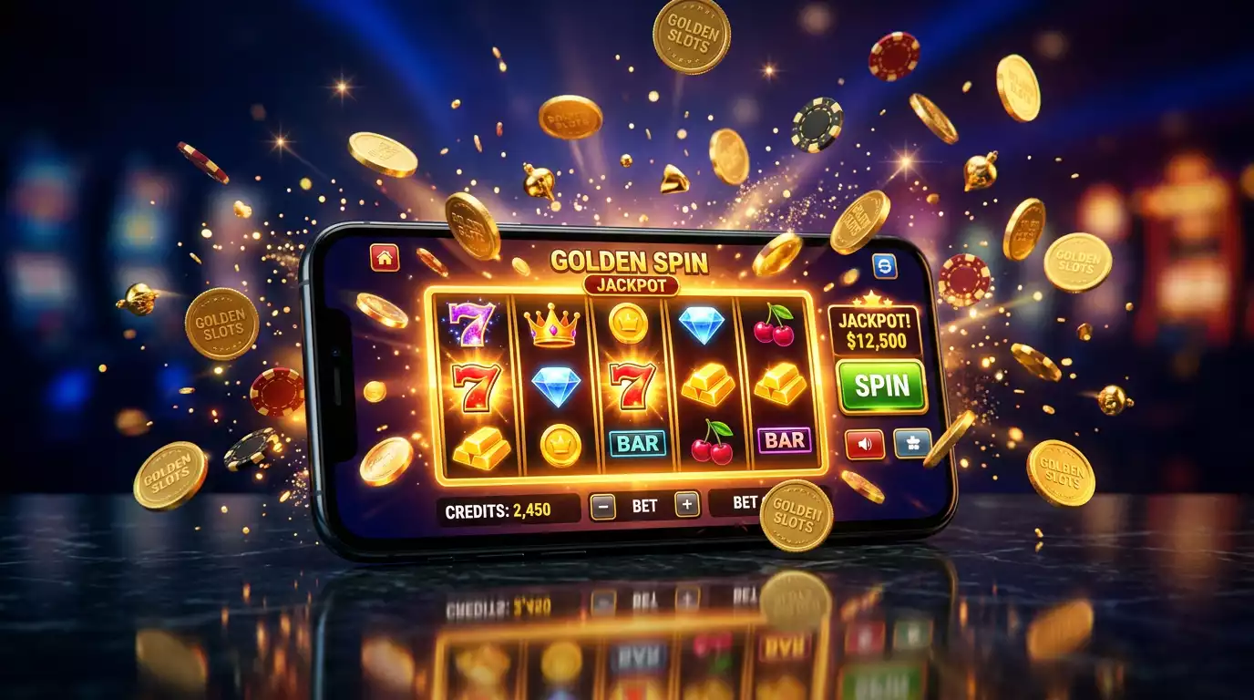 Pantalla de telefono movil mostrando tragamonedas de casino con fichas y monedas doradas sobre fondo oscuro