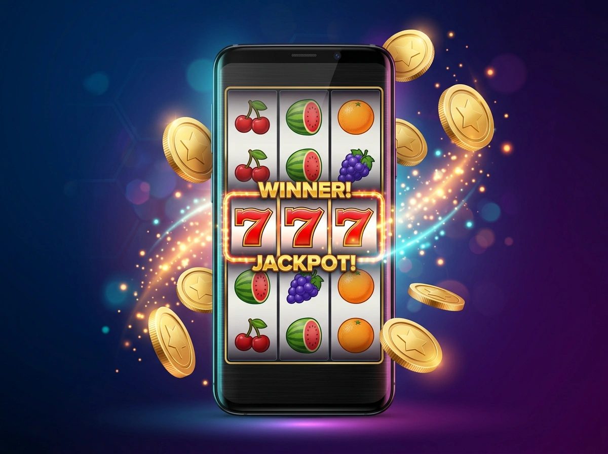 Ecra de telemovel a mostrar uma slot machine colorida com simbolos de frutas e moedas douradas a flutuar num ambiente de casino digital