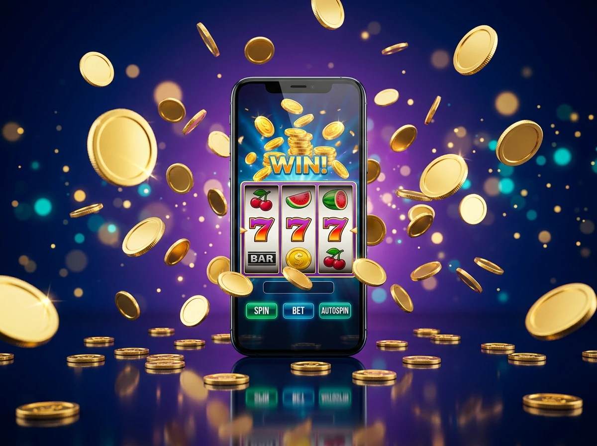 Smartphone affichant un jeu de machine a sous avec des pieces d'or sur fond bleu nuit