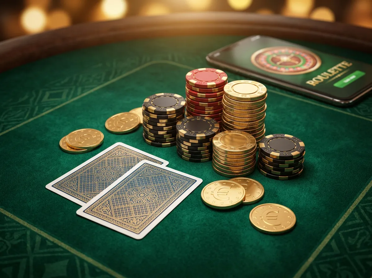 Table de jeu de casino en ligne avec jetons et cartes pour miser en argent reel