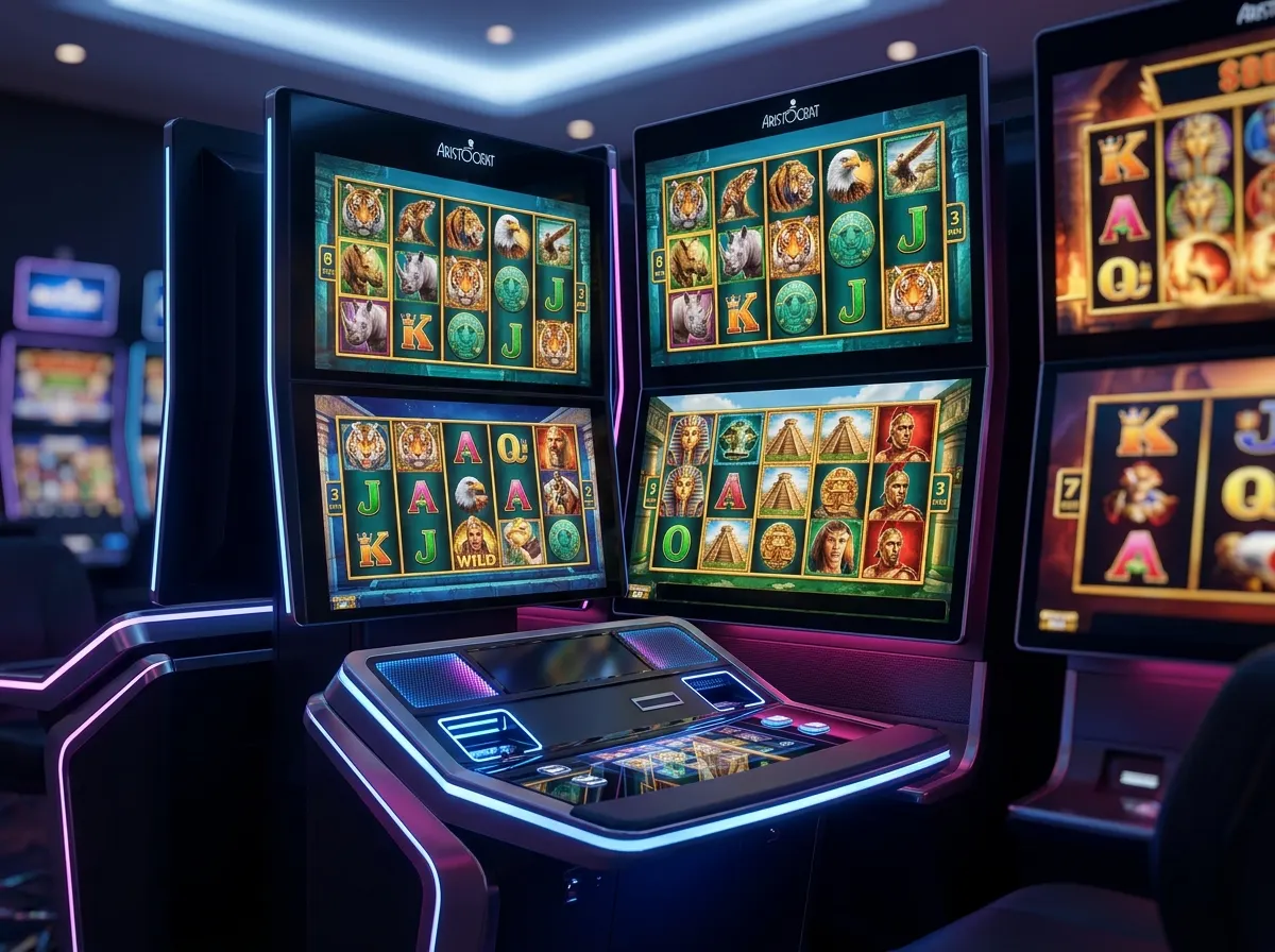 Aristocrat online speelautomaten op een scherm in een moderne speelomgeving met neonverlichting