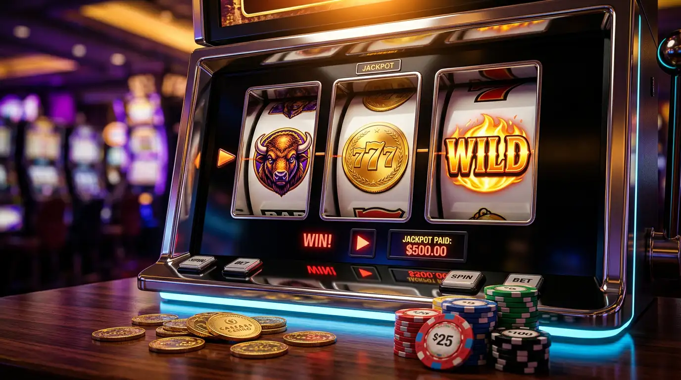 Close-up of a roulette wheel surrounded by stacks of casino chips under dramatic amber lighting, representing high-payout online gambling