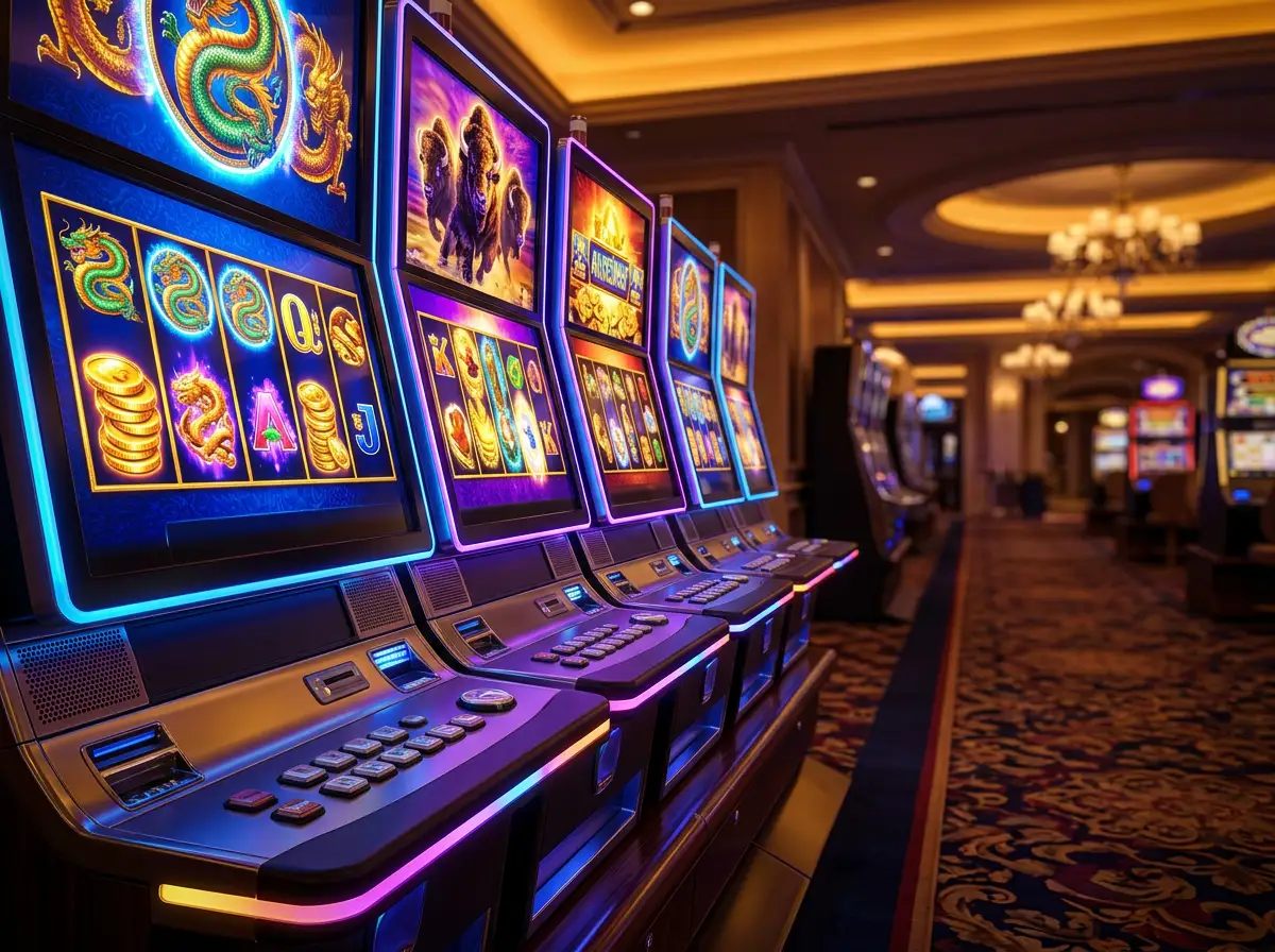 Aristocrat Spielautomaten mit leuchtenden Walzen in einem modernen Casino-Ambiente