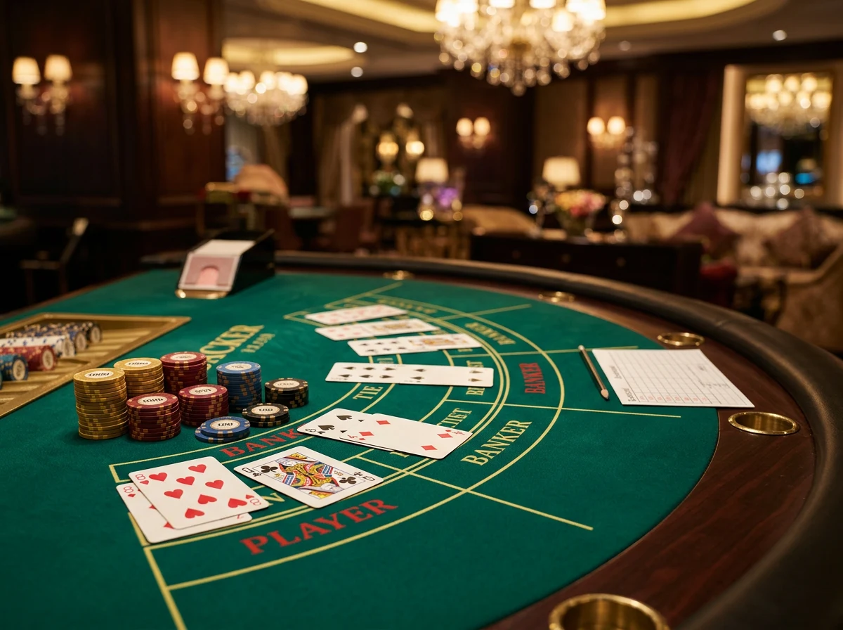 Mesa de bacara con cartas repartidas y fichas de casino bajo iluminacion elegante