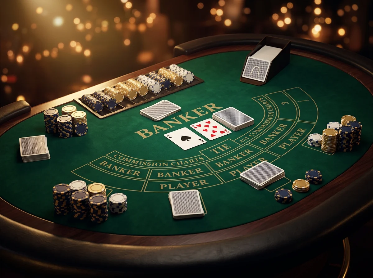 Baccarat speeltafel met kaarten en fiches in een sfeervolle online casinosfeer