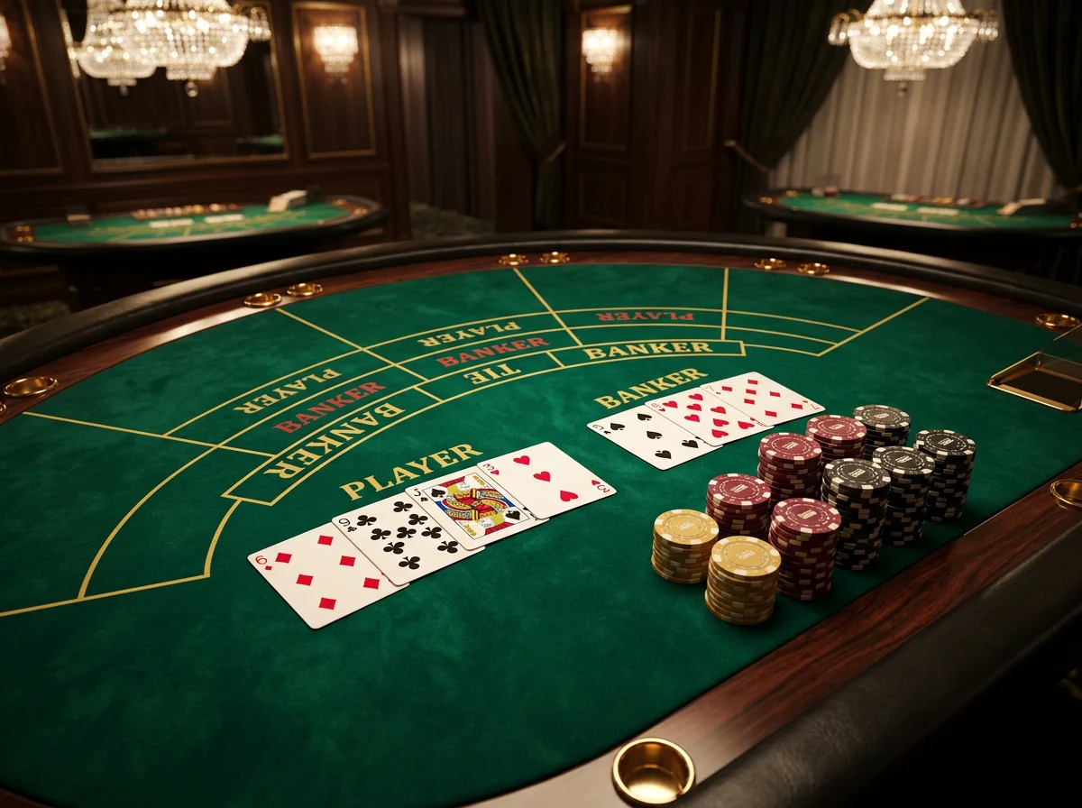 Baccarat cards and chips arranged on a green felt casino table under warm spotlight lighting