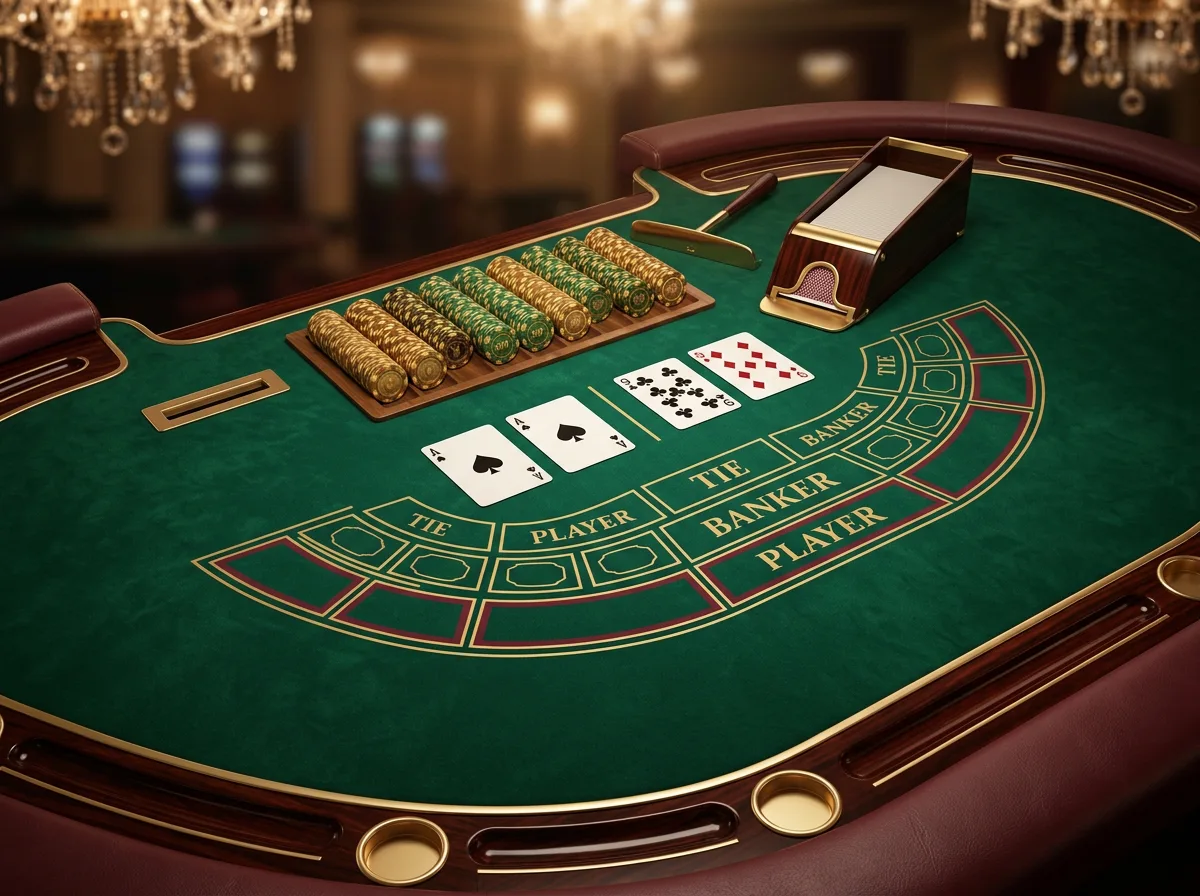 Elegantna igralna miza za baccarat z razporejenimi kartami in zetoni v profesionalnem ambientu spletne igralnice