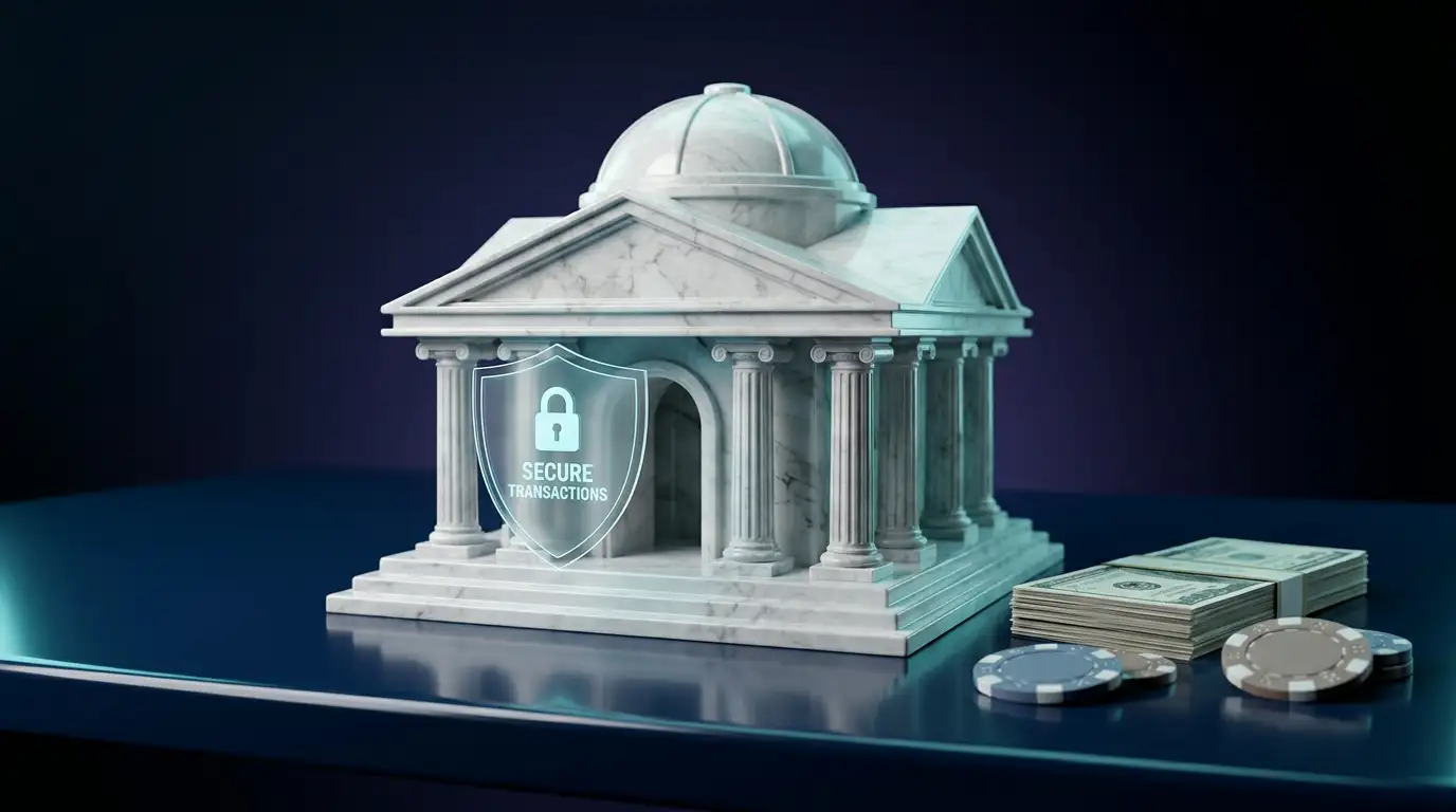 A stylized bank building icon next to a shield symbol on a digital screen with soft blue gradient lighting representing secure banking transactions
