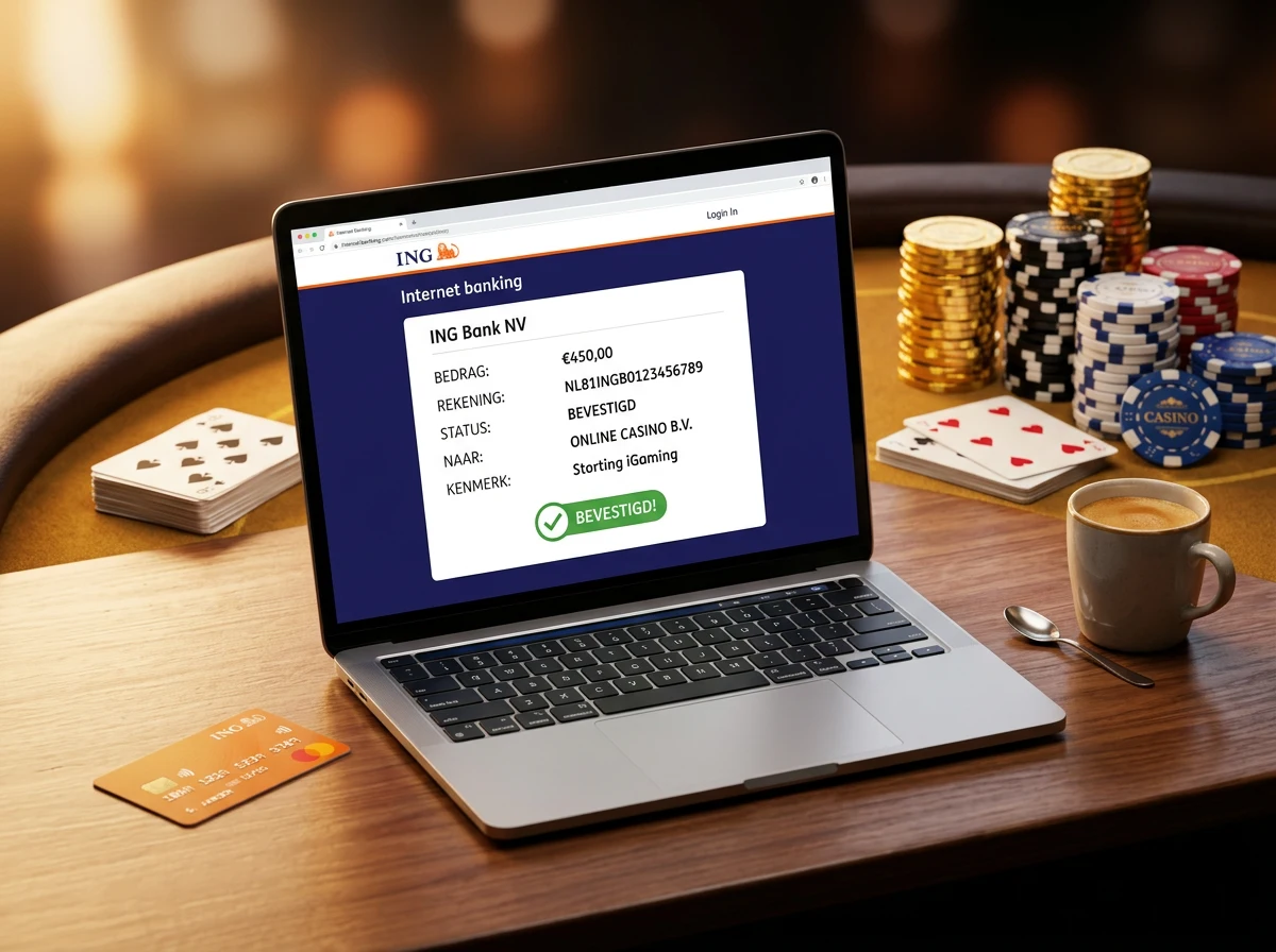Bankoverschrijving als betaalmethode bij een Nederlands online casino met beveiligde transactie op een scherm