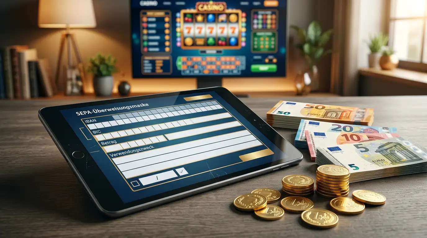 Bankueberweisung als Zahlungsmethode im Online Casino mit SEPA-Formular und Euro-Banknoten