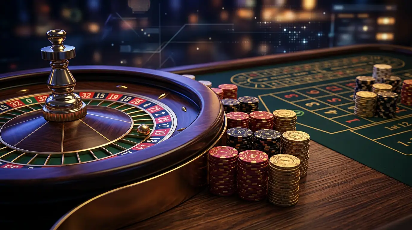 Atmosphaerische Szene eines deutschen Online-Casino-Spieltisches mit Rouletterad, Chips und digitalem Interface