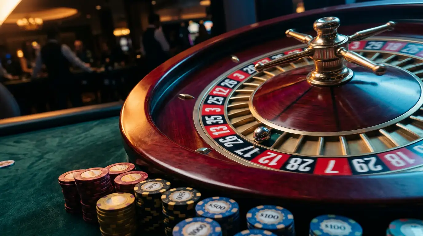 Close-up of a roulette wheel spinning under warm golden light with stacked casino chips in the foreground on a dark green felt surface