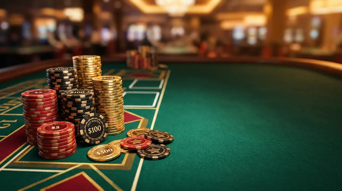 Casino chips and bonus tokens arranged on a gaming table with warm ambient lighting
