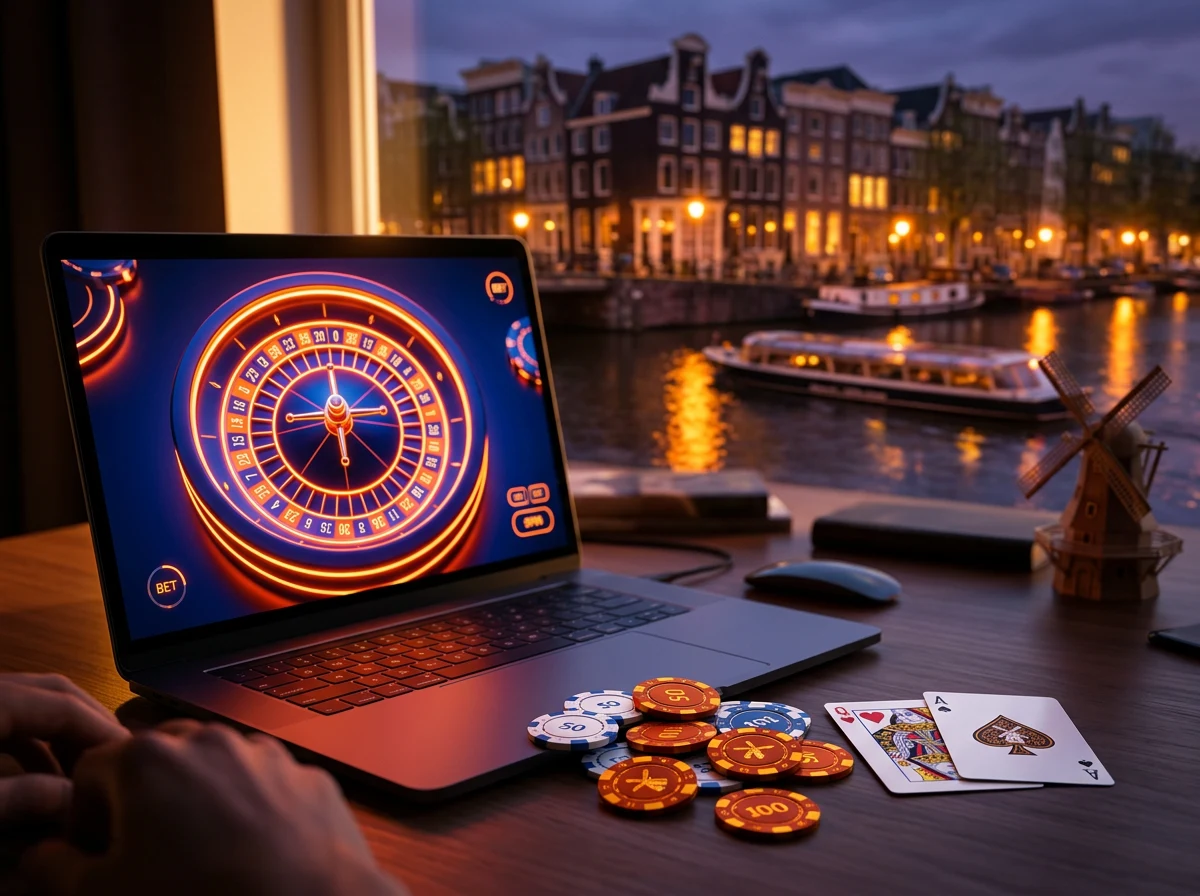 Sfeerbeeld van de Nederlandse online kansspelmarkt met digitale roulette en gloeiende neonaccenten