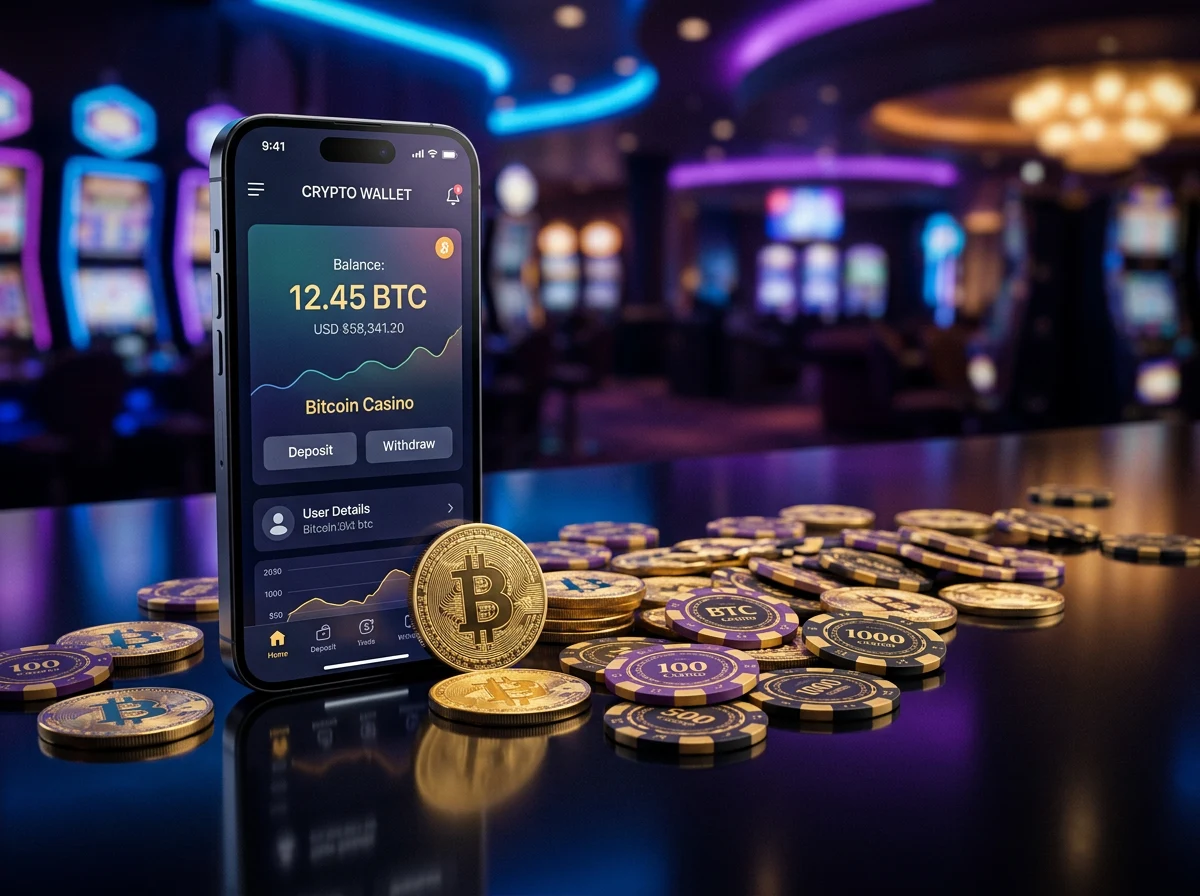 Smartphone con portafoglio Bitcoin aperto su sfondo di fiches da casino e monete dorate in ambiente notturno con luci al neon