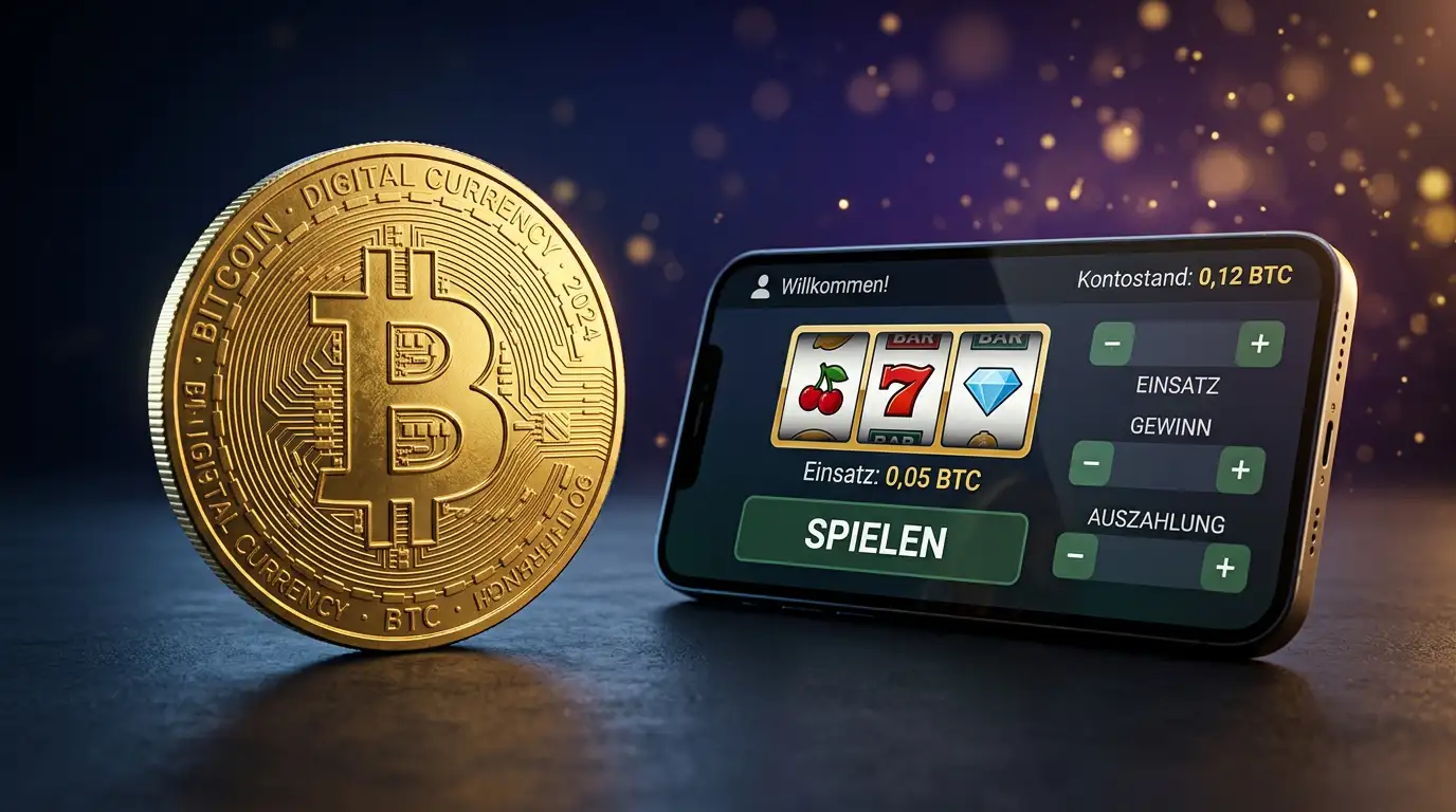 Bitcoin-Muenze neben einem Smartphone mit geoeffneter Casino-Anwendung auf dunklem Hintergrund mit goldenen Lichtreflexen