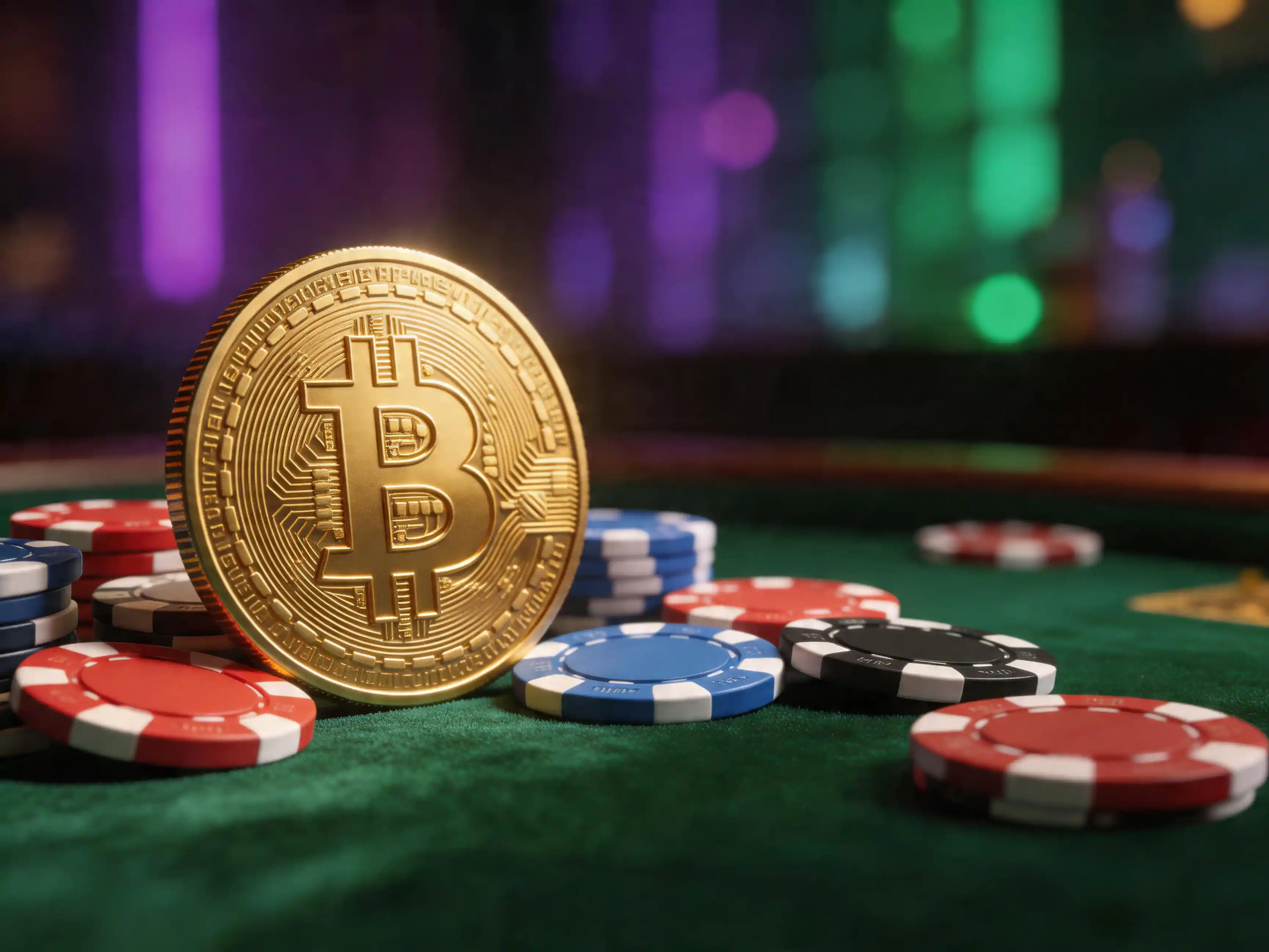 Moneda Bitcoin aurie pe fundal de jetoane de cazino si lumini neon verzi si mov, simbolizand platile cu criptomonede in industria jocurilor de noroc online