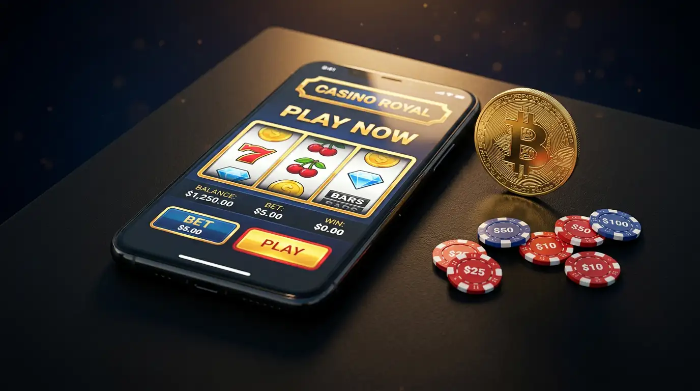 A smartphone displaying a casino interface lying on a dark surface next to a golden Bitcoin coin with warm ambient lighting