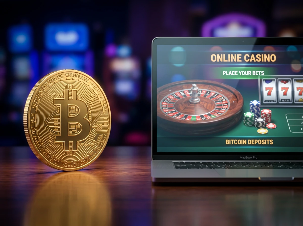 Bitcoin-munt naast een laptopscherm met een online casino-interface in een sfeervolle setting