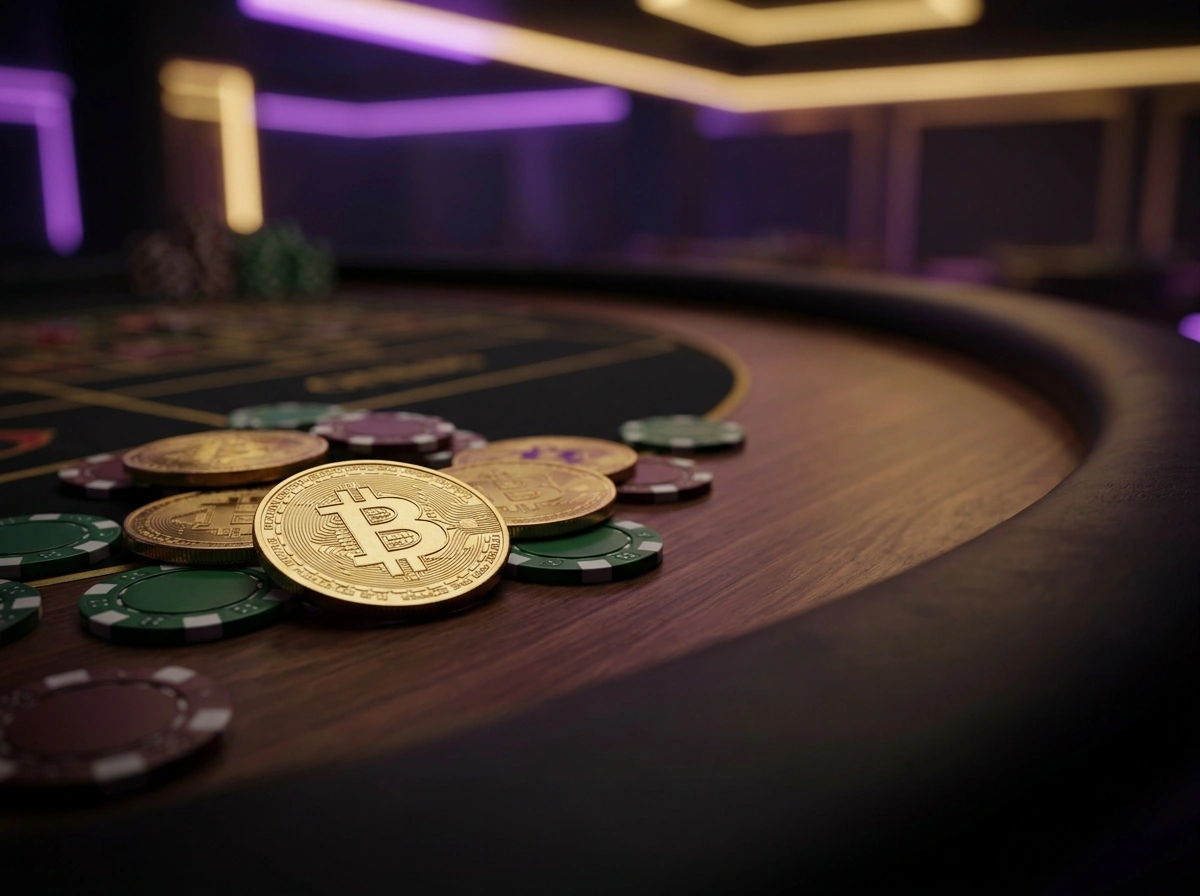 Bitcoin ermek es kaszino zsetonok egy vilagito jatekasztalon, amely a kriptovalutas szerencsejatek hangulat erzekeltet