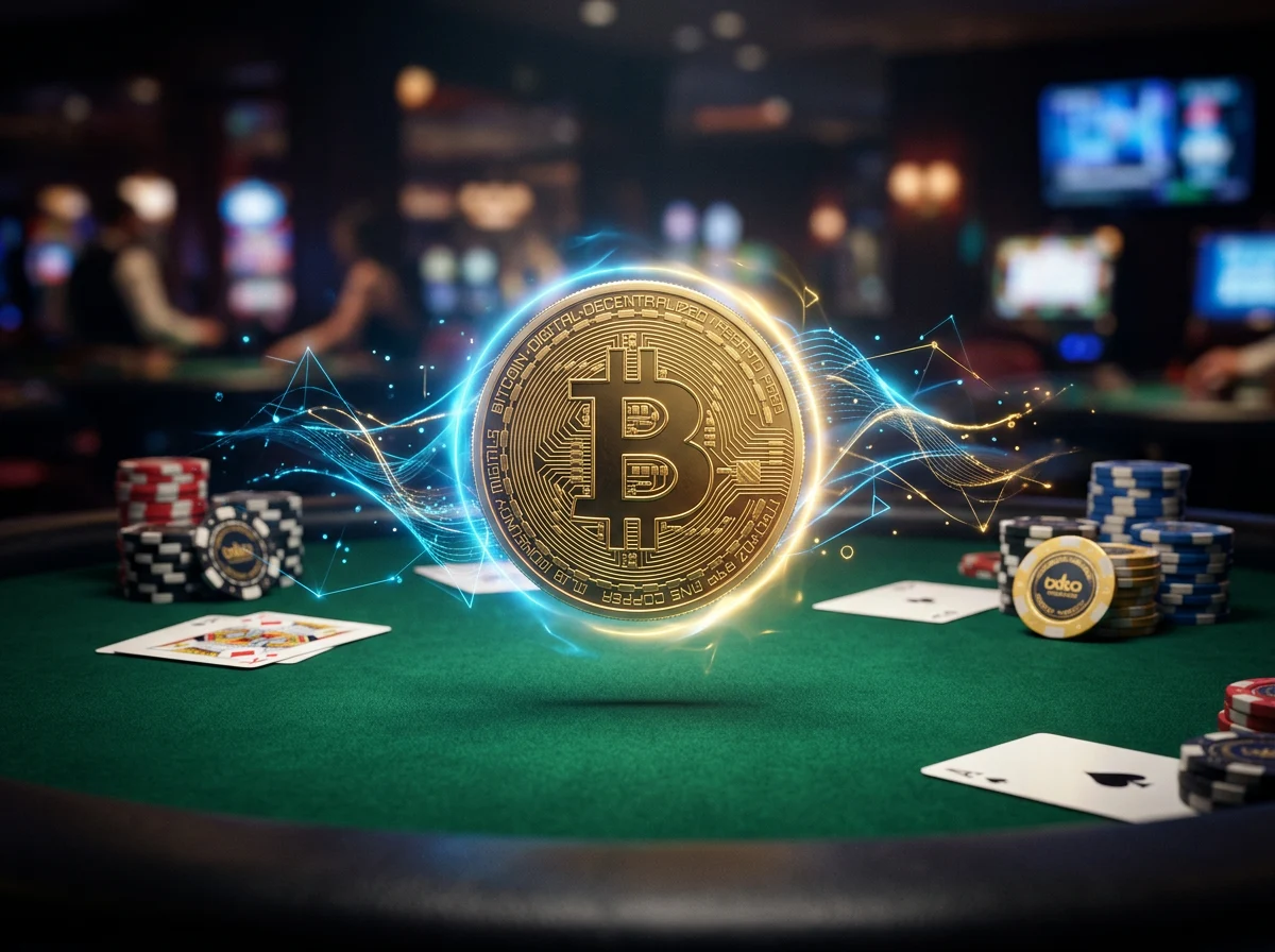 Zlata minca Bitcoin na pozadi moderneho online kasina s digitalnym rozhranim