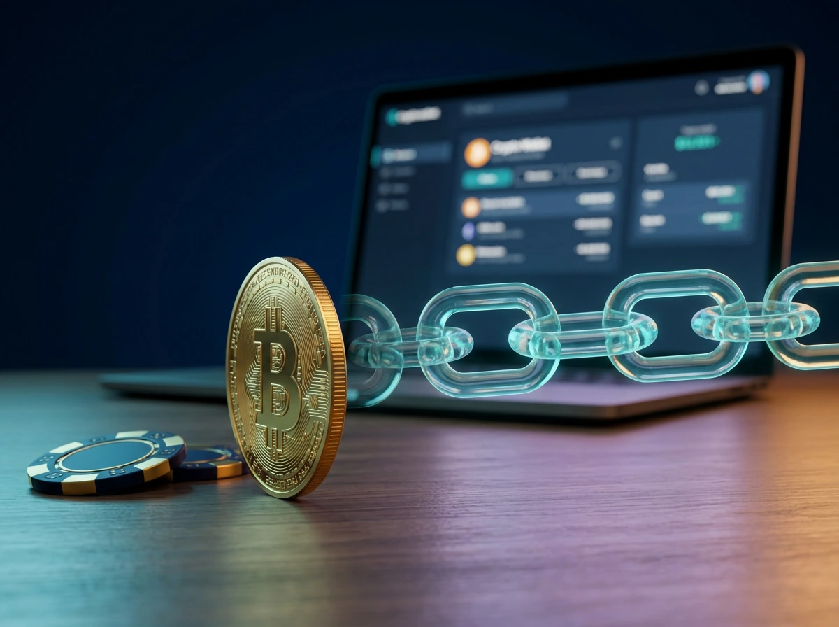 Portefeuille Bitcoin et jeton de casino sur fond de reseau blockchain illumine