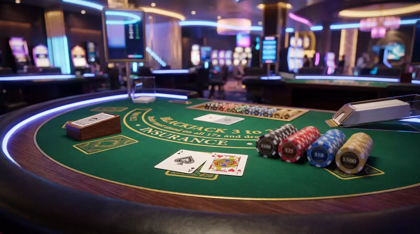 Mesa de blackjack en linea con cartas, fichas y ambiente de casino digital iluminado con luces neon