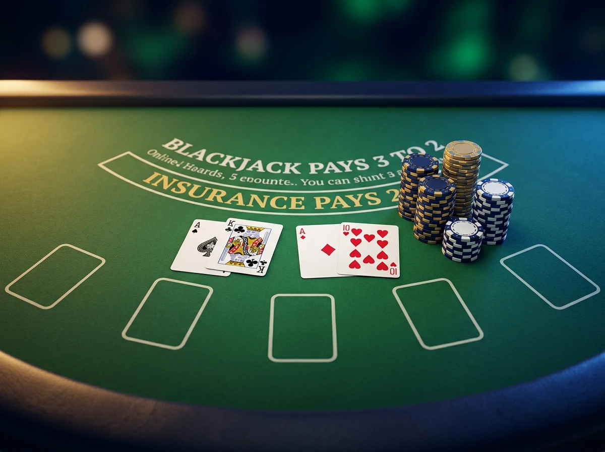 Online blackjack speeltafel met kaarten en fiches in een sfeervolle casinosfeer