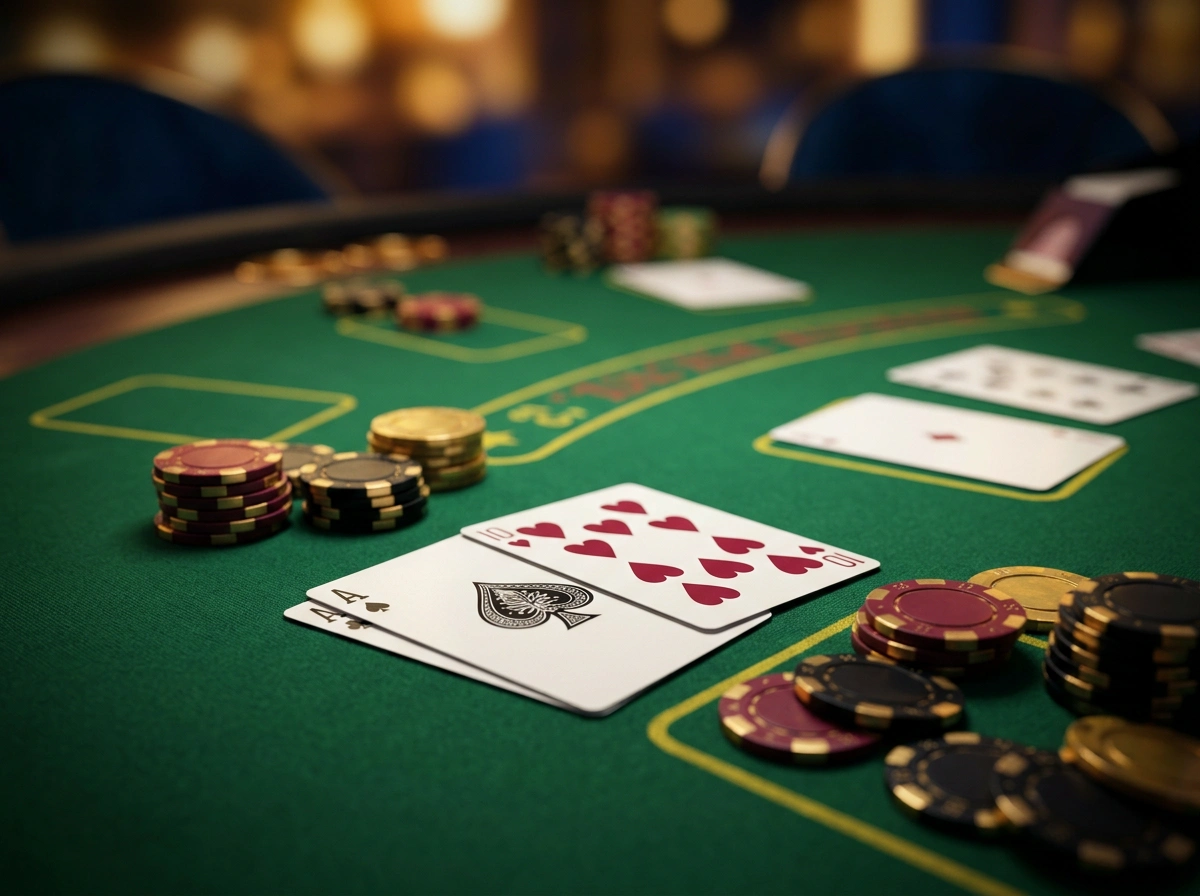 Mesa de blackjack online com cartas e fichas num ambiente de casino elegante