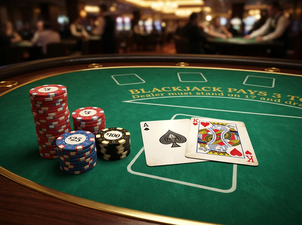 Profesjonalny stol do blackjacka z kartami i zetonami w eleganckim kasynie