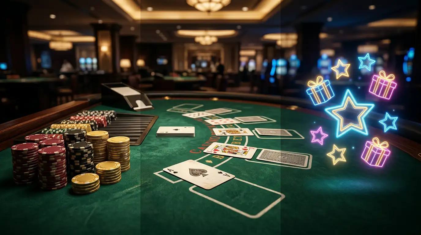Gestapelte Casino-Chips und leuchtende Bonussymbole auf einem Spieltisch in atmosphaerischer Beleuchtung