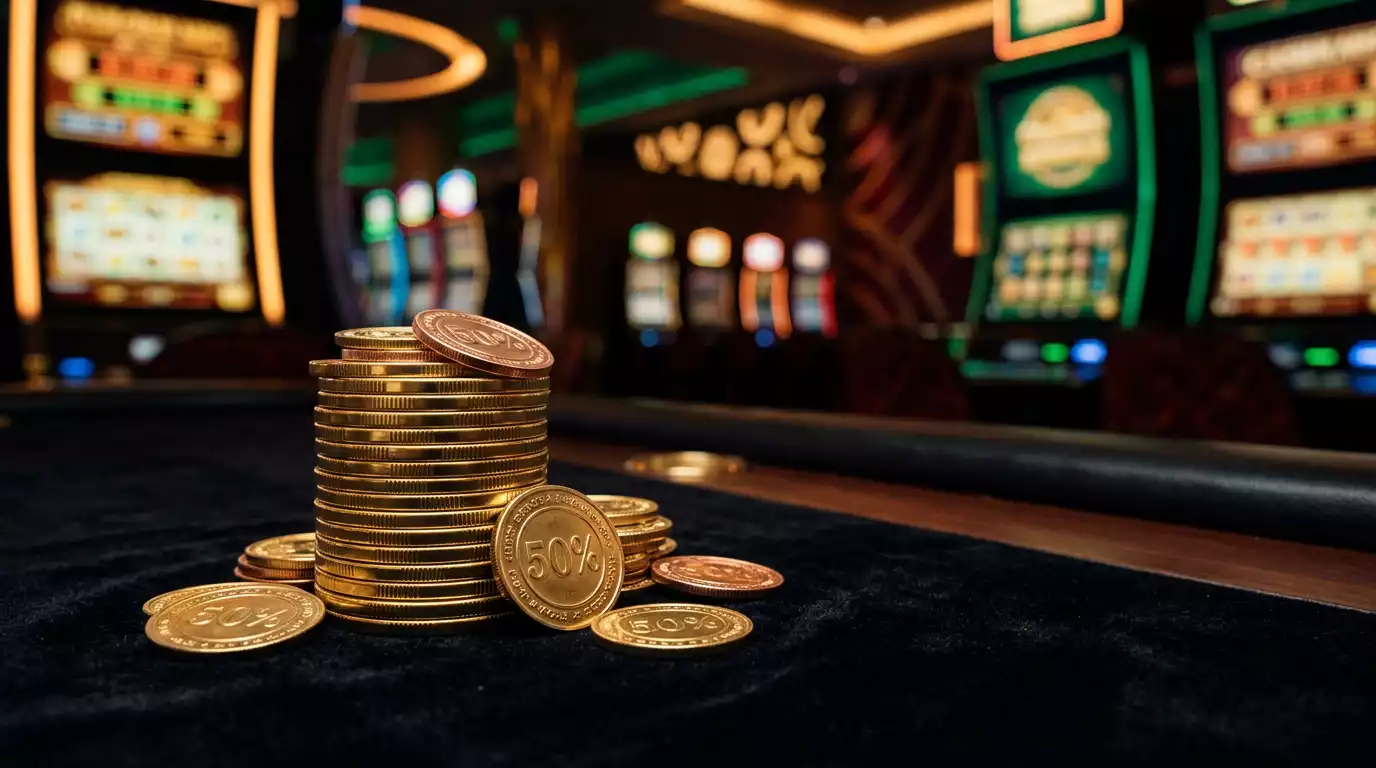 Mesa de casino online con fichas doradas y pantalla digital mostrando porcentajes de bonificacion