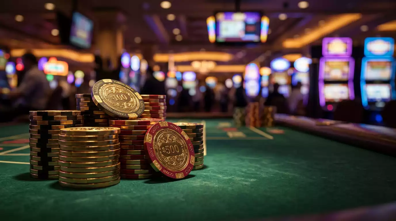 Mesa de casino iluminada con fichas doradas y pantallas de tragamonedas reflejando luces de neon
