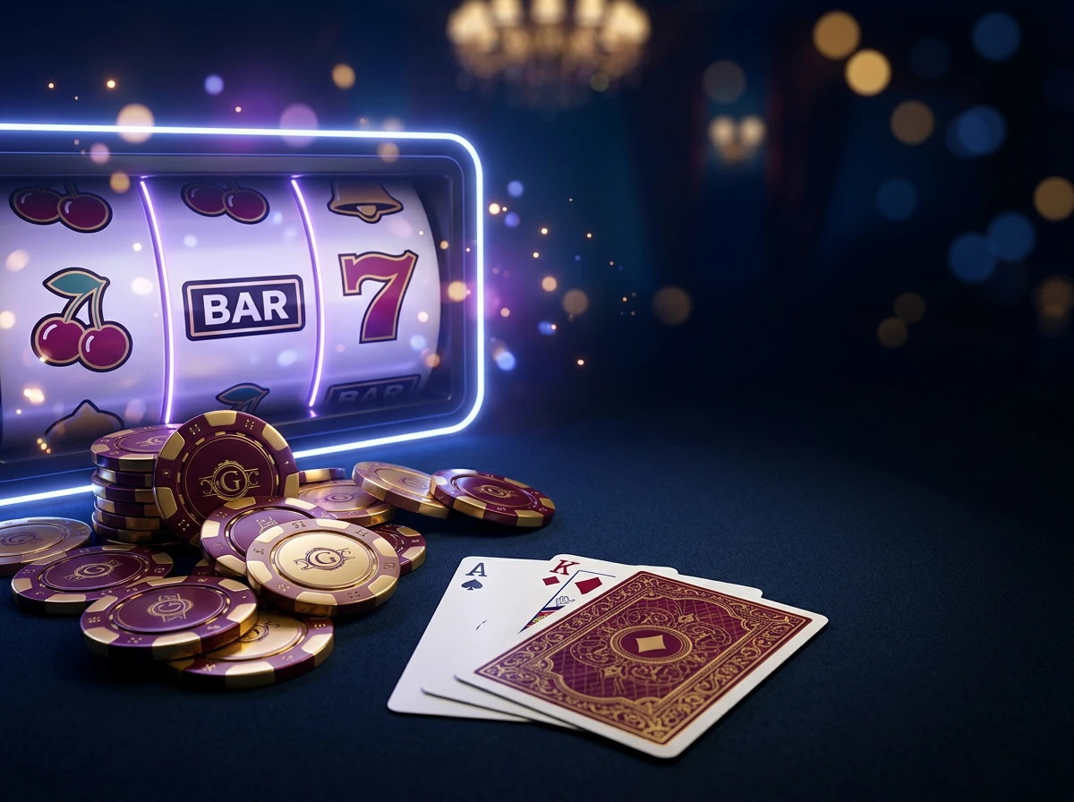 Jetons de casino et cartes sur une table de jeu illuminee par des lumieres neon, symbolisant les bonus de bienvenue offerts aux nouveaux joueurs