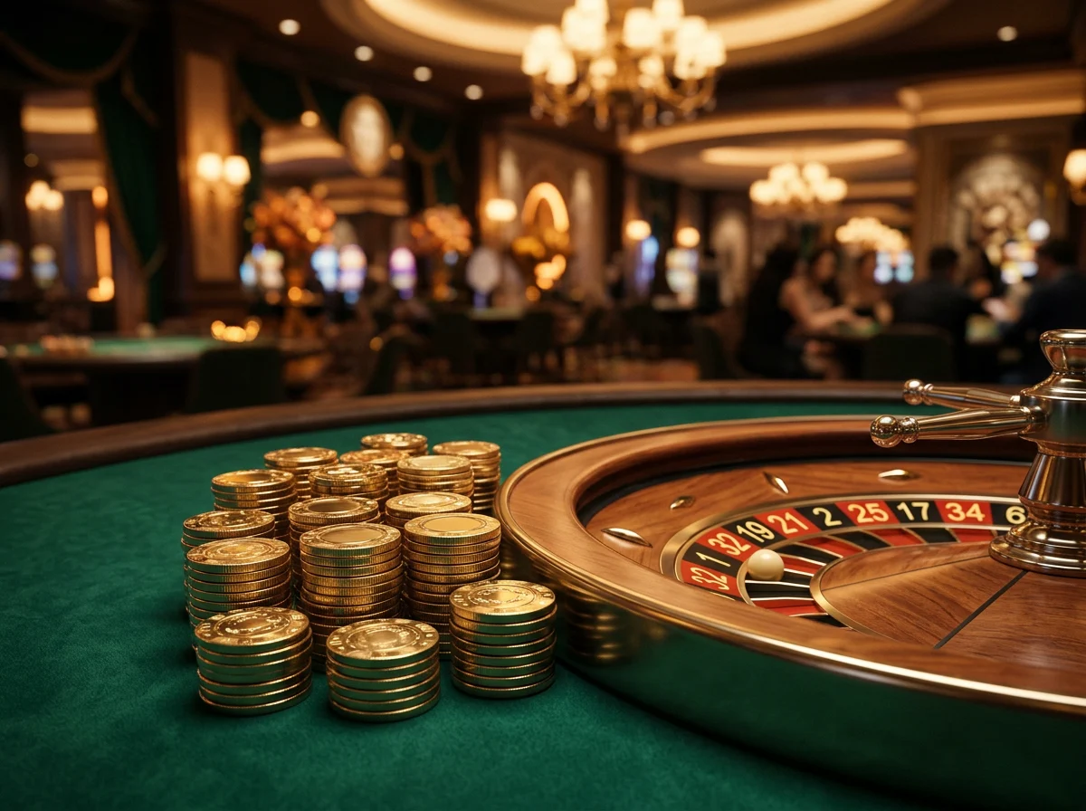 Fichas de casino douradas e roleta com luz ambiente quente representando bonus de boas-vindas em casinos online portugueses