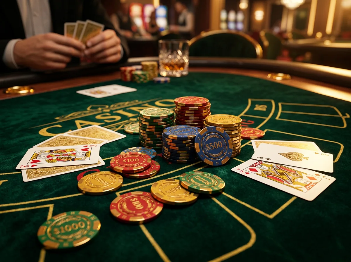 Mesa de casino com fichas coloridas e cartas representando bonus de correspondencia em casinos online portugueses